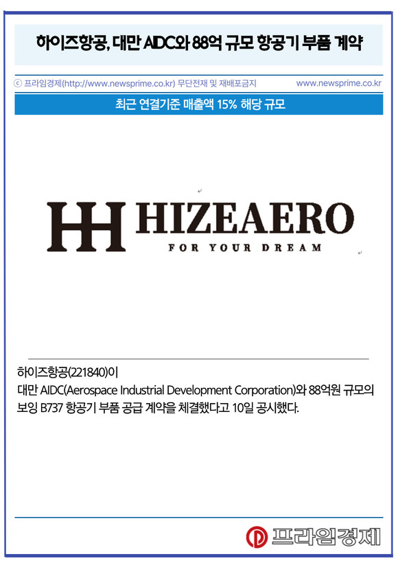 [카드] 하이즈항공, 대만 AIDC와 88억 규모 항공기 부품 계약