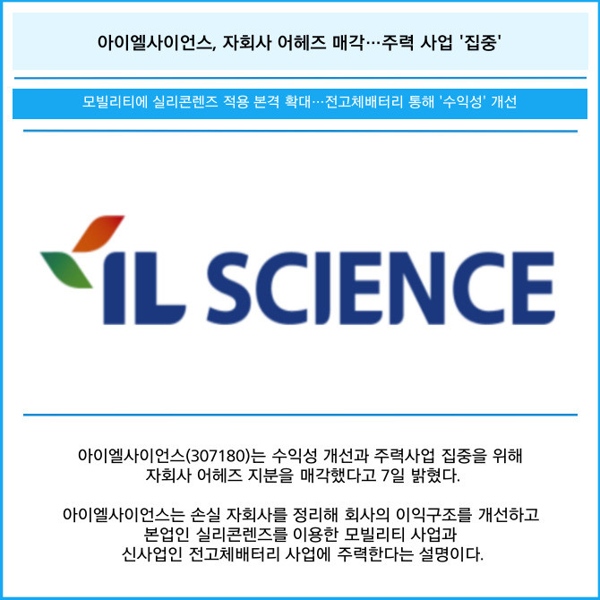 [카드]아이엘사이언스, 자회사 어헤즈 매각…주력 사업 집중