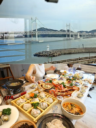 부산 불꽃축제 명당 광안리 횟집 산해횟집 1인 1대게 코스 주문시 회무한리필
