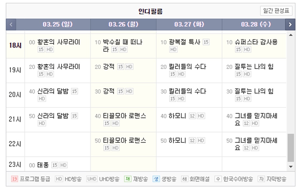 인디필름, 오늘(26일) 방영 영화는? 박수칠 때 떠나라-강적-티끌모아 로맨스