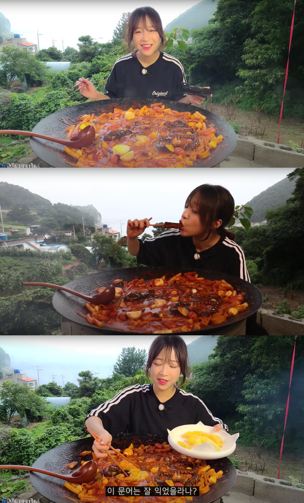 유튜버 쯔양, 욕지도 한 달 살기 근황 솥뚜껑 문어떡볶이 20인분 직접 만들어