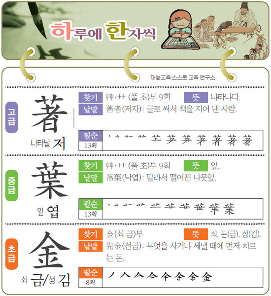 [하루에 한자씩 4월 2일] 나타날 저(著)-잎 엽(葉)-쇠 금/성 김(金)