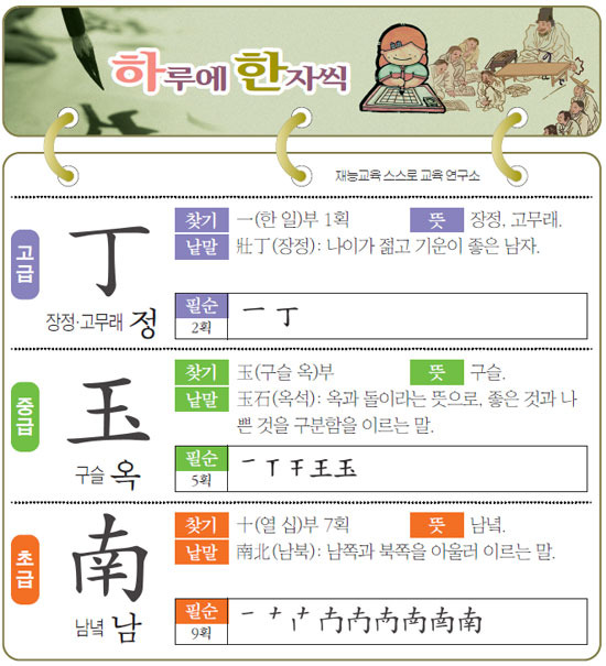 [하루에 한자씩 4월 8일] 장정·고무래 정(丁)-구슬 옥(玉)-남녘 남(南)
