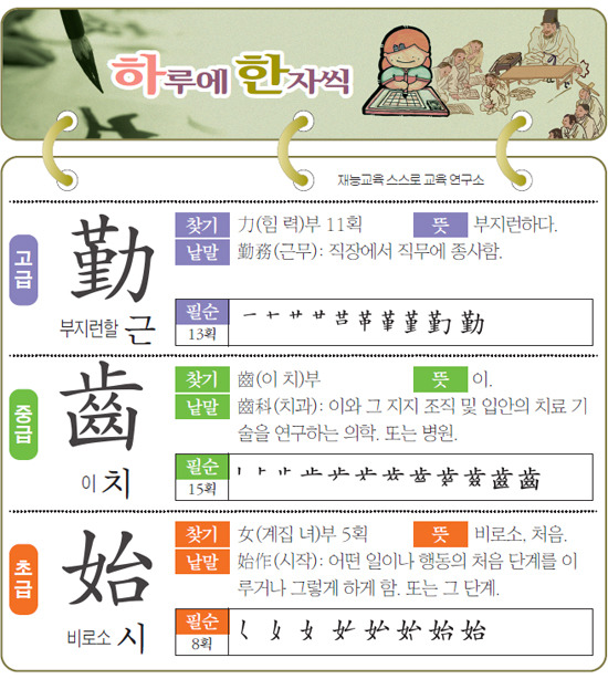 [하루에 한자씩 9월 14일] 부지런할 근(勤)-이 치(齒)-비로소 시(始)