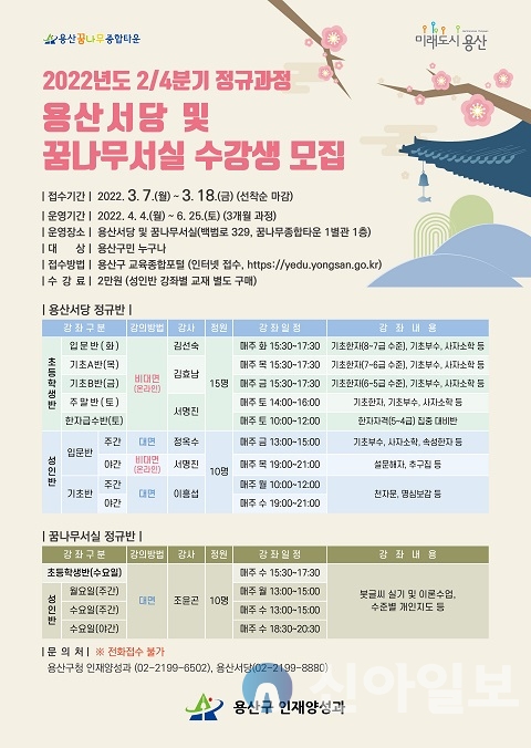 용산구, 용산서당·꿈나무서실 수강생 155명 모집