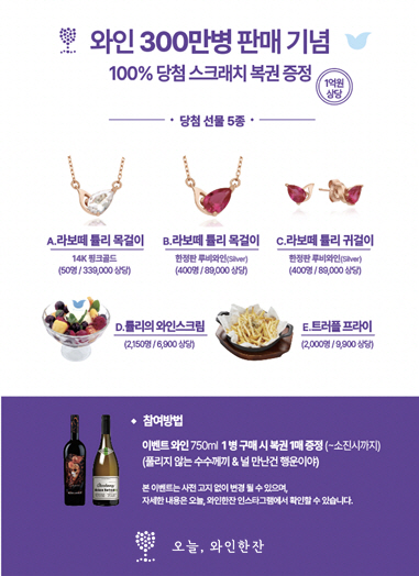 오늘, 와인한잔 300만병 판매 기념 이벤트 진행