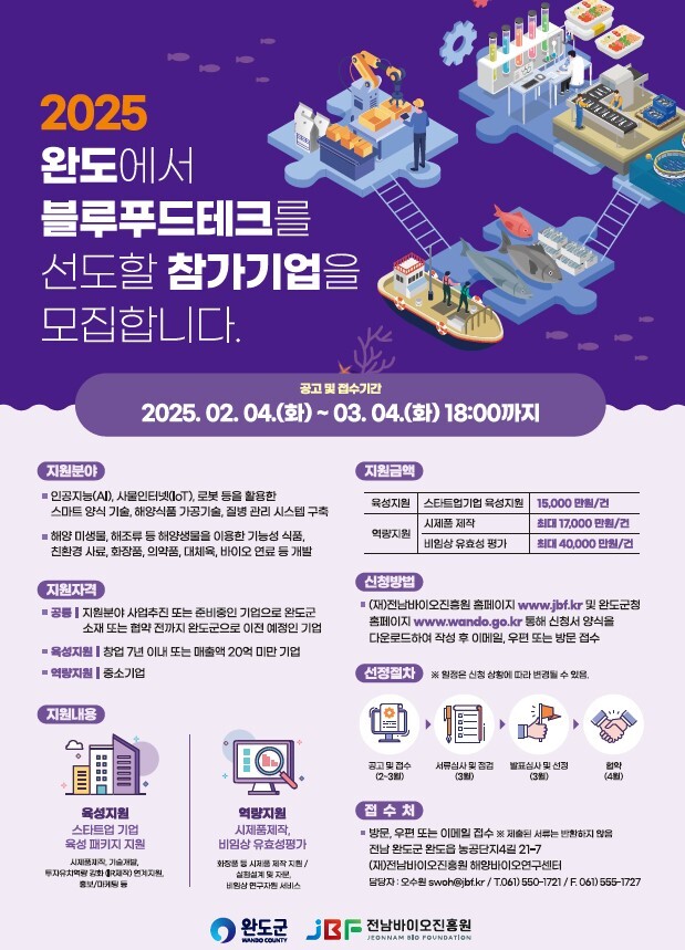 완도군, 블루푸드 선도기업 3월 4일까지 모집
