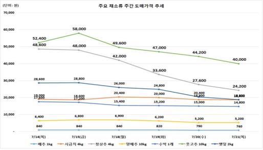 채소가격, 기상여건 호전으로 하향 안정세 기록해
