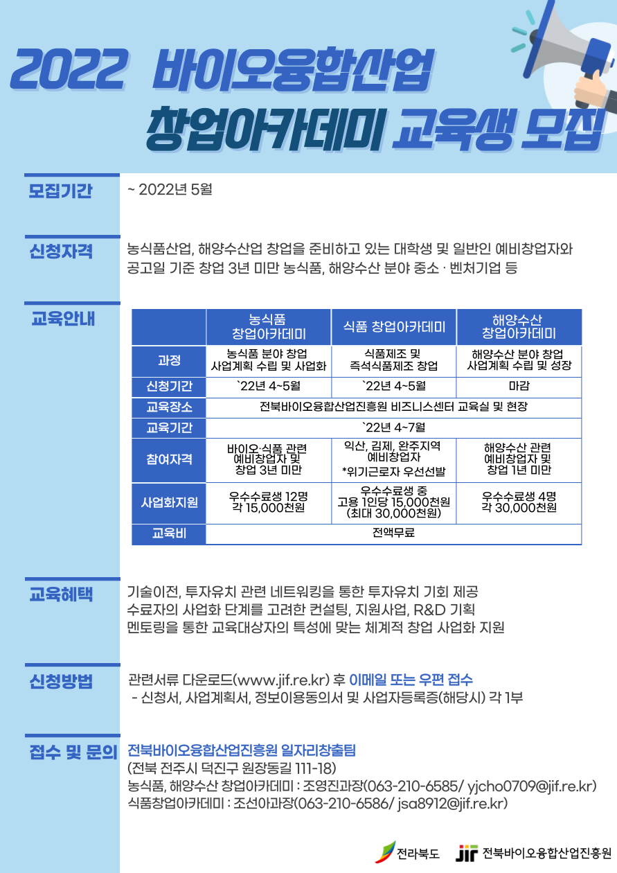 전북도와 전북바이오융합진흥원, 2022년 창업아카데미 과정 본격 시행...농식품, 해양수산 등 60명 규모 확대