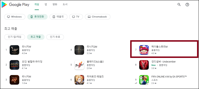 넥슨 메이플스토리M, 아크 출시 효과로 구글 플레이 매출 순위 7위 달성