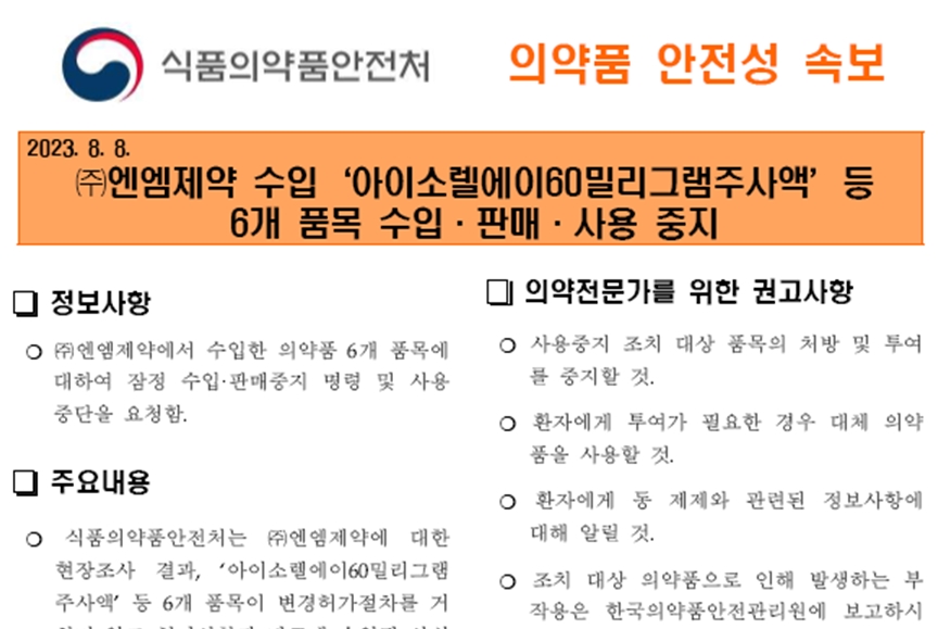 엔엠제약, 약사법 위반 6개 품목 수입·판매 중지 및 회수 조치