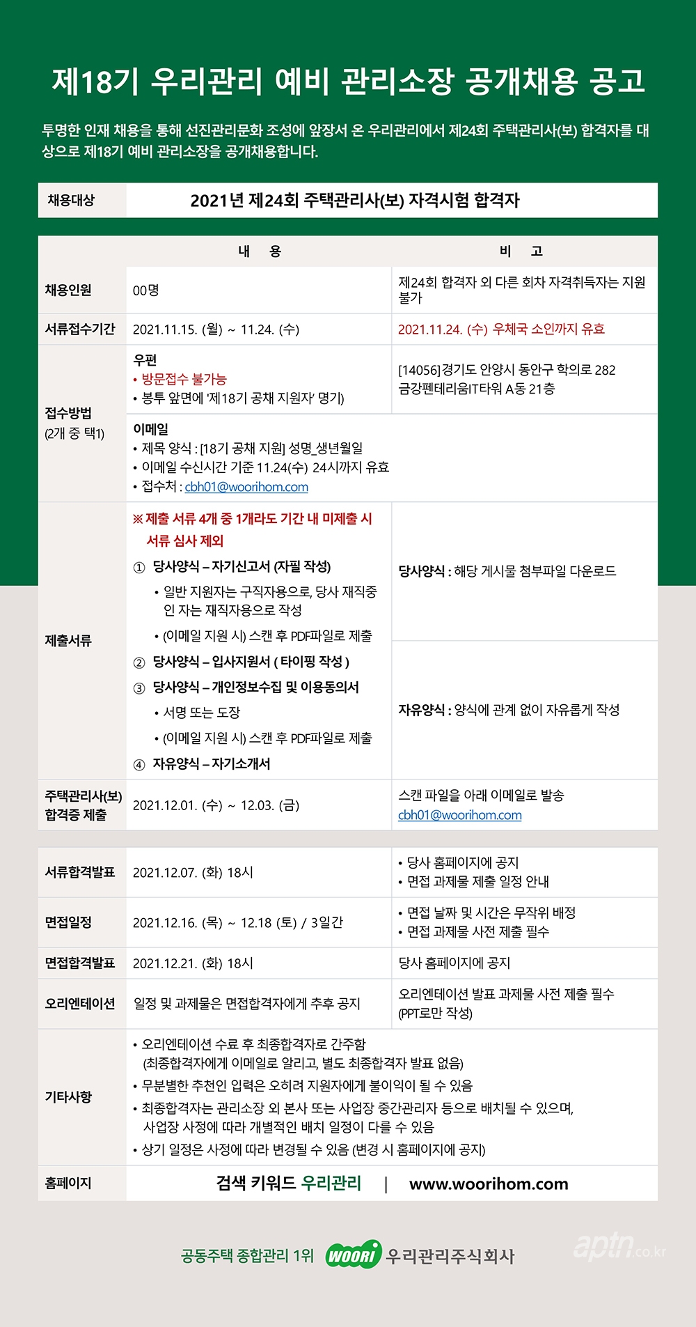 우리관리, 제18기 관리소장 공개채용 실시