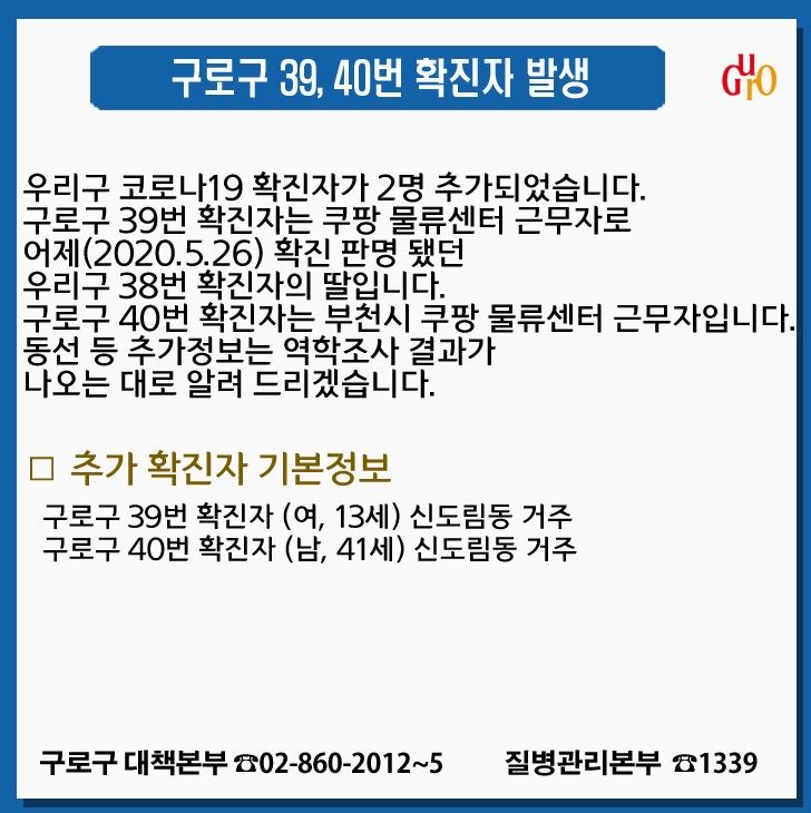 구로구청 코로나 확진자 2명 추가, 신도림동 거주..쿠팡 부천물류센터 직원 관련