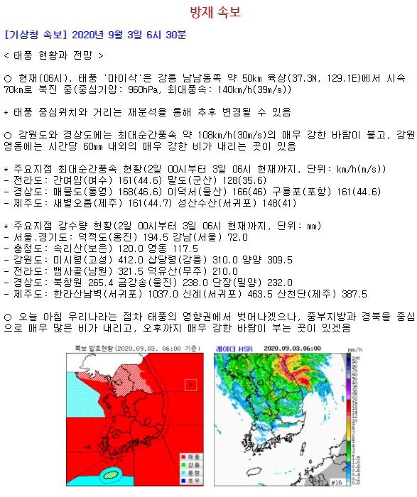 [9호 태풍 마이삭 경로] 현재위치 강릉→동해 앞바다 시속 70km..비소식 계속