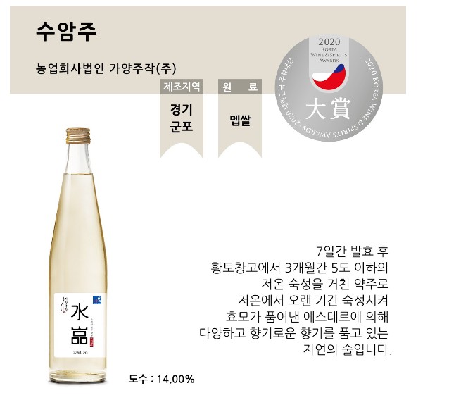 가양주작 수암주, 대한민국 주류대상 수상