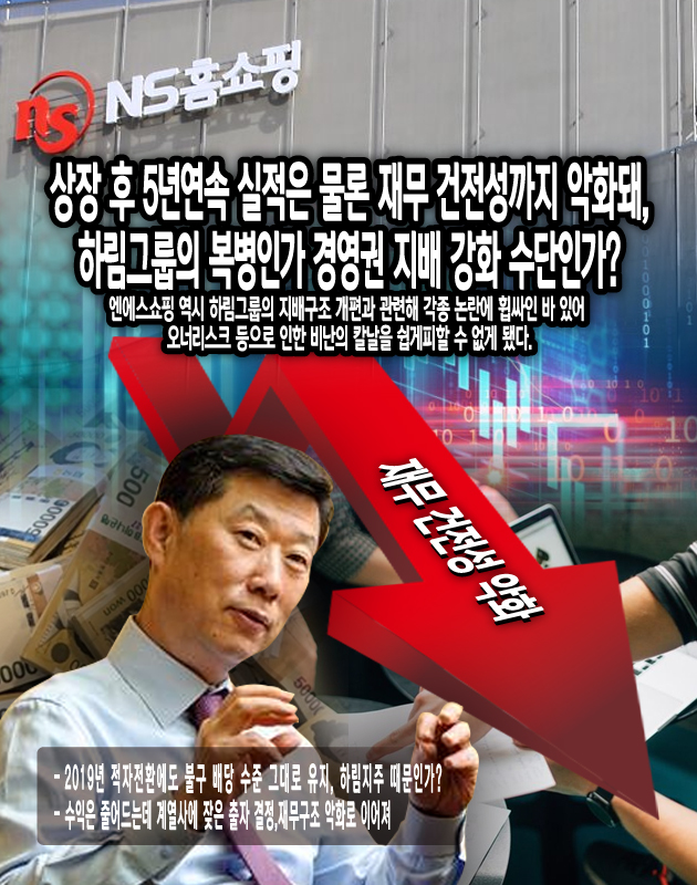 [하림과 김홍국 회장, 지배구조를 보다_③ 엔에스쇼핑] 상장 후 5년 연속 실적은 물론 재무 건전성까지 악화, 하림그룹의 복병인가 경영권 지배... 