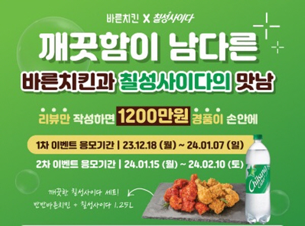 바른치킨, 칠성사이다와 대규모 경품 이벤트 진행