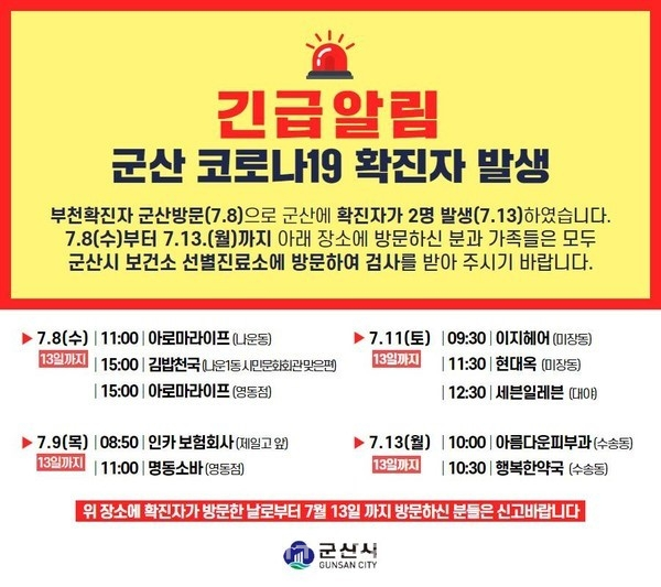 군산, 확진자 동선 공개 아로마라이프·이지헤어·김밥천국
