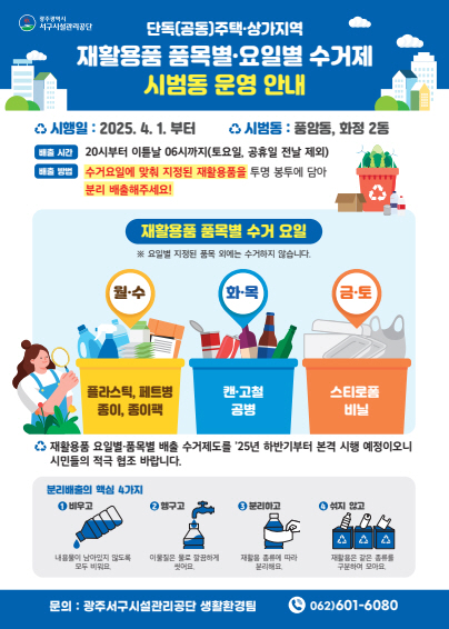 광주 서구시설관리공단, 재활용 품목·요일별 수거제