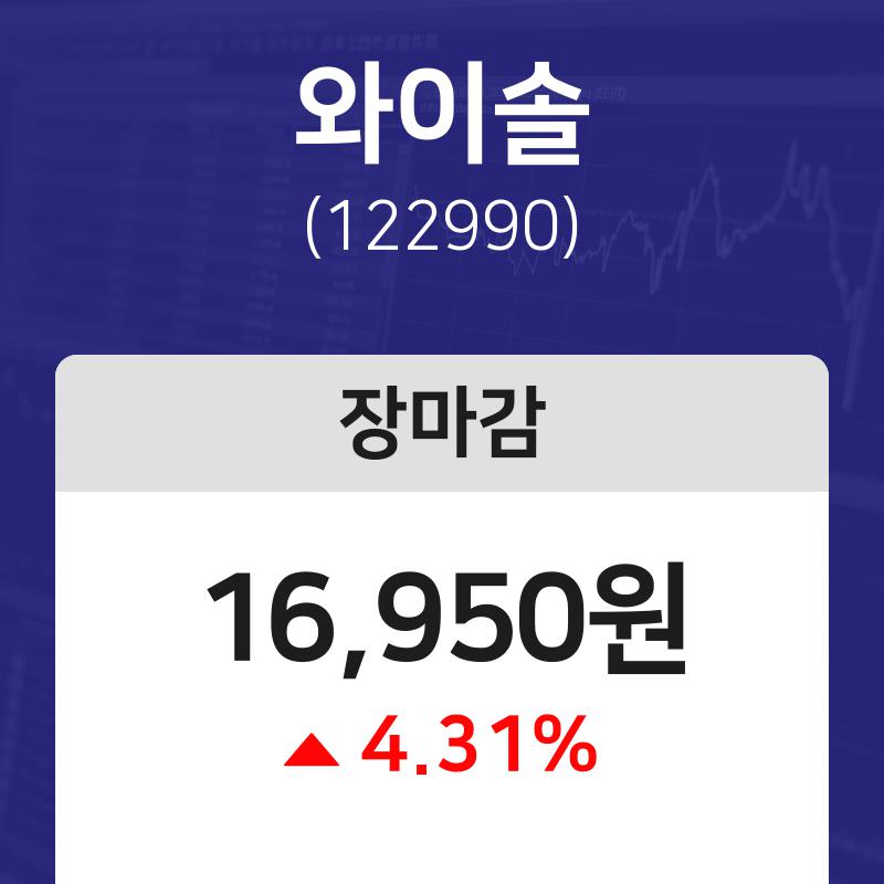 내외주가  13일 와이솔 마감증시 16950원...