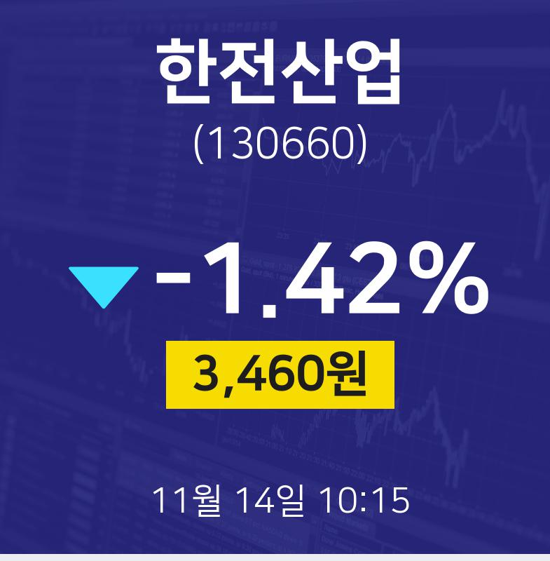 11월 14일 한전산업 오늘주식시장 -1.42% 3460원