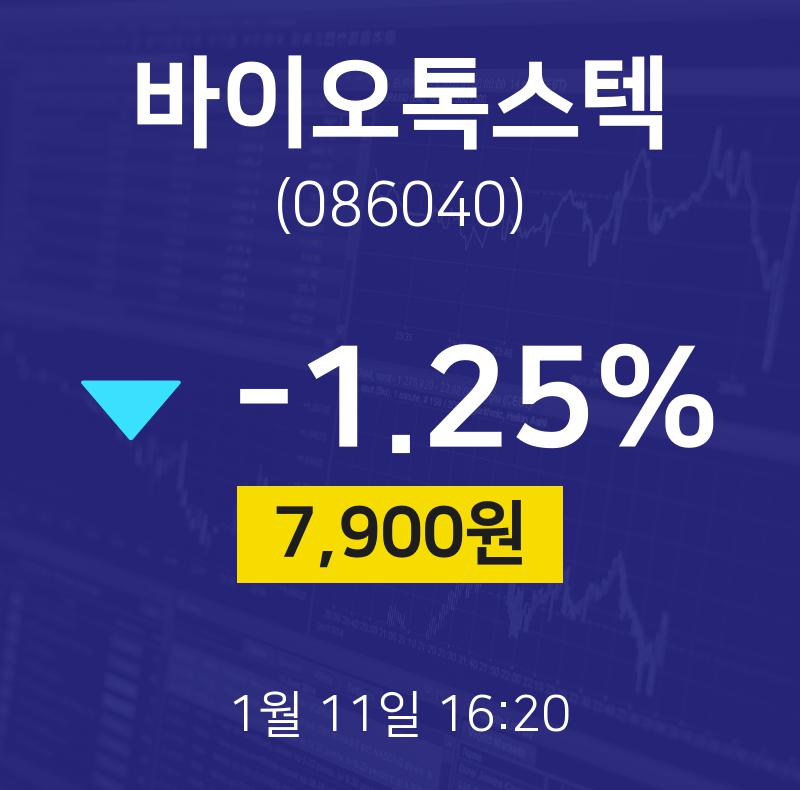 1월 11일 바이오톡스텍 오늘주식시장 7900원  -1.25%