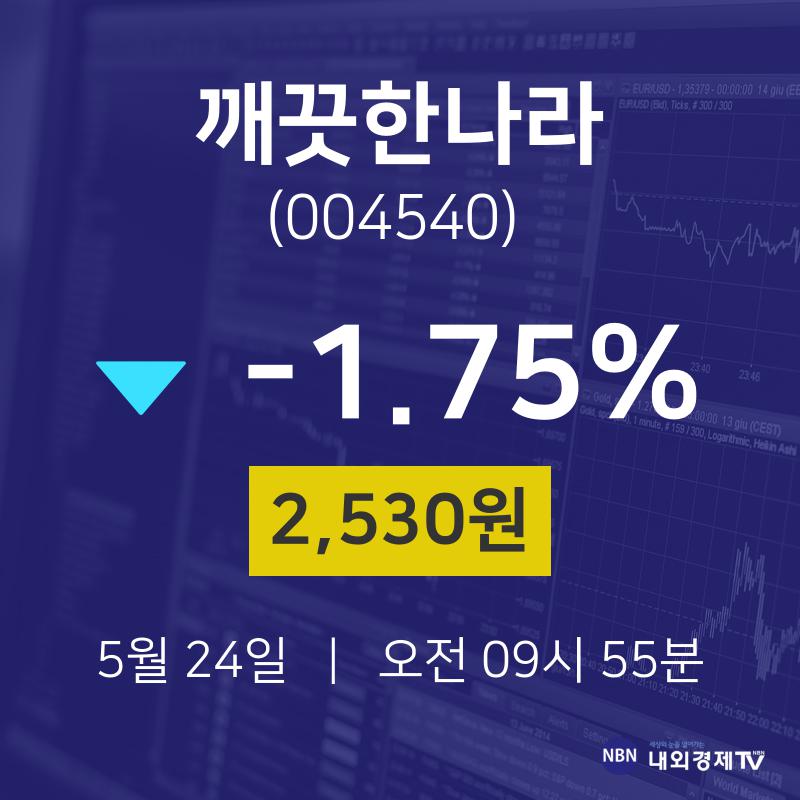 5월 24일 깨끗한나라 오늘주식시세 -1.75% 2530원