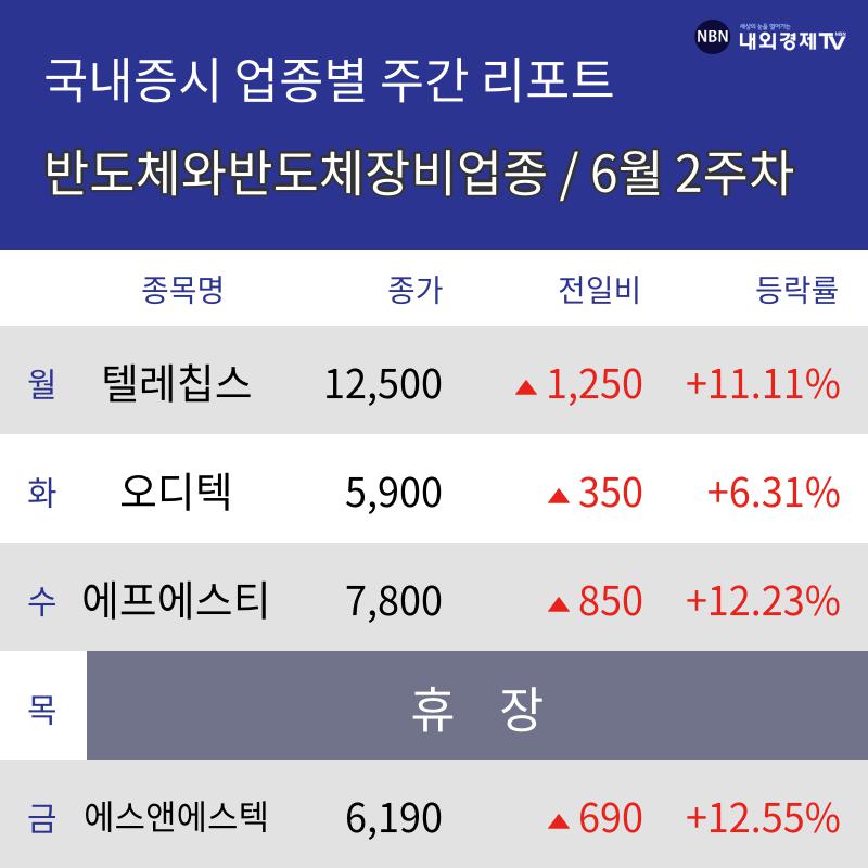 [주간 반도체와반도체장비 업종 리포트] 6월 2주차 텔레칩스, 오디텍, 에프에스티, 에스앤에스텍 등 강세