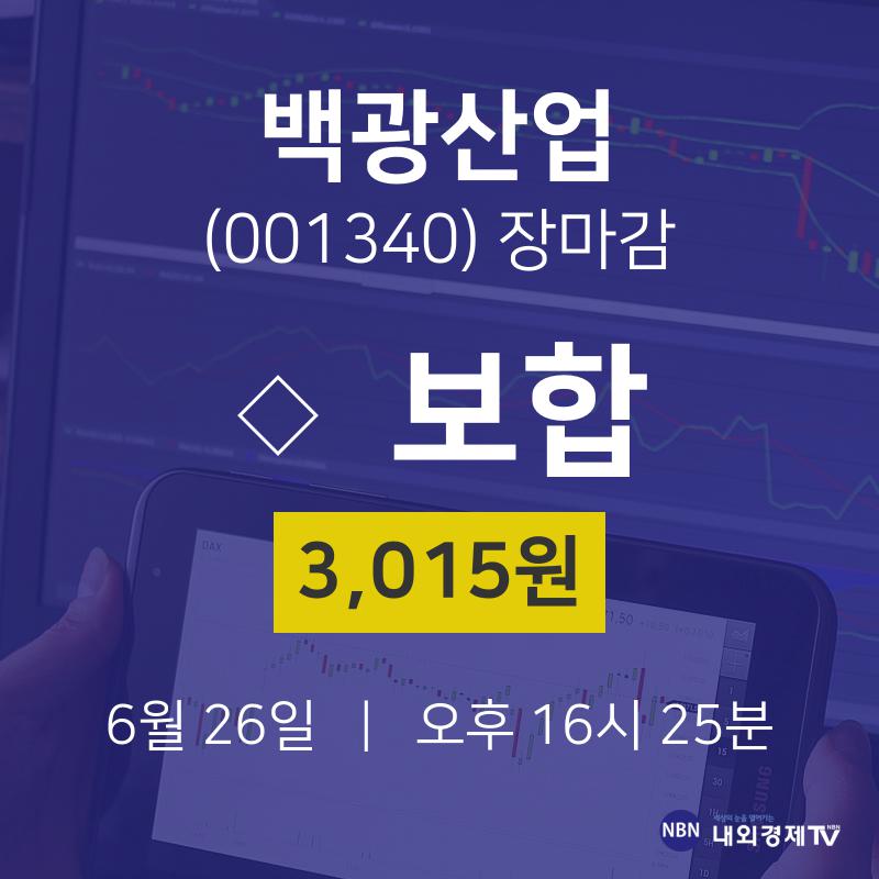 [특징주 주가정보]  26일 백광산업 마감증시 3015원...