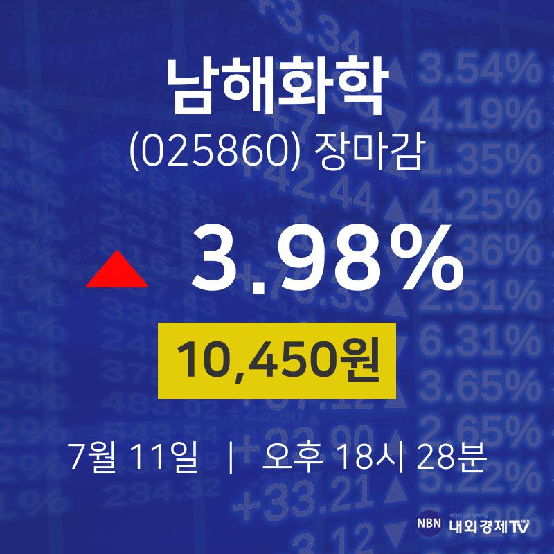 [특징주분석 주가정보]  11일 남해화학 마감증시 10450원...