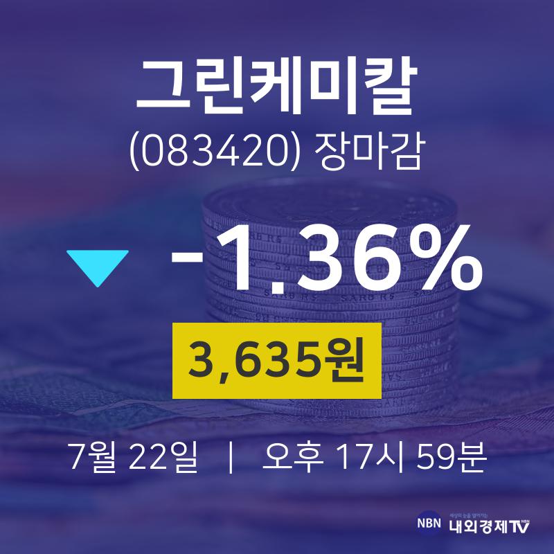 [특징주 주가정보]  22일 그린케미칼 마감증시 3635원...