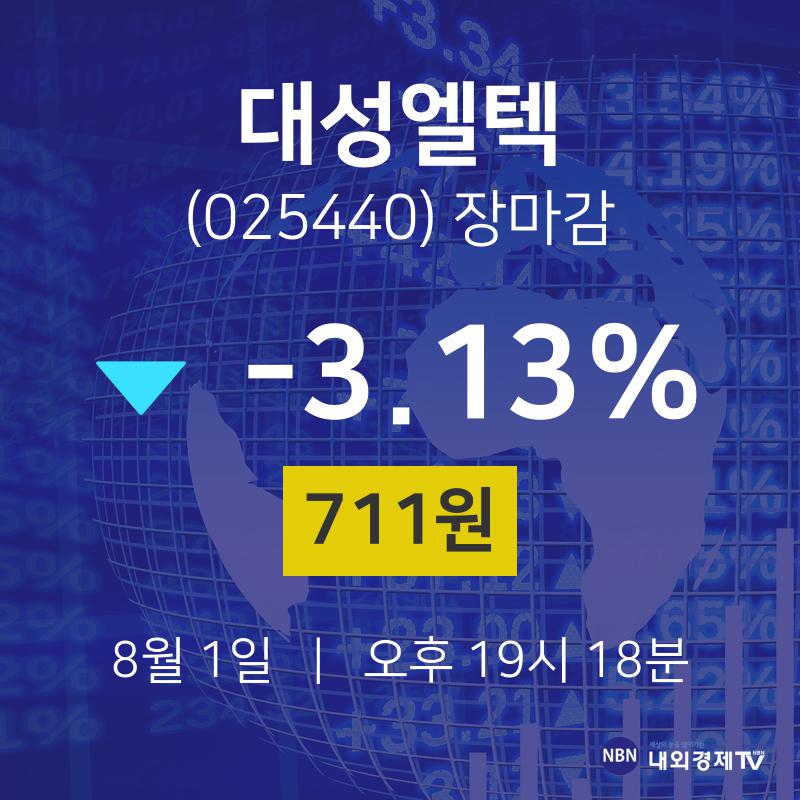 [특징주 주가정보] 8월 1일 대성엘텍 711원으로 장 마감