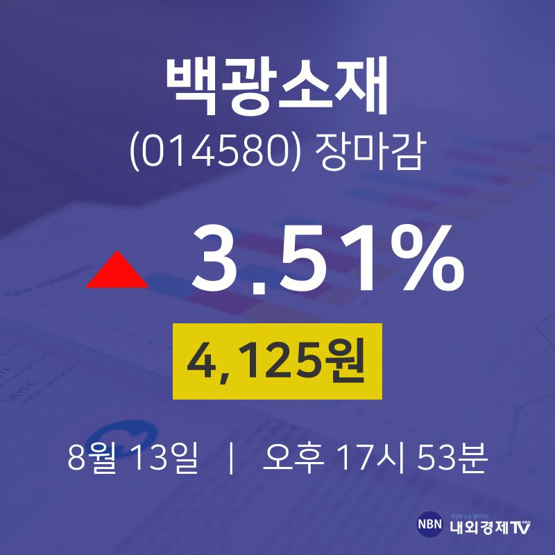 [특징주 종목정보]  13일 백광소재 마감증시 4125원...