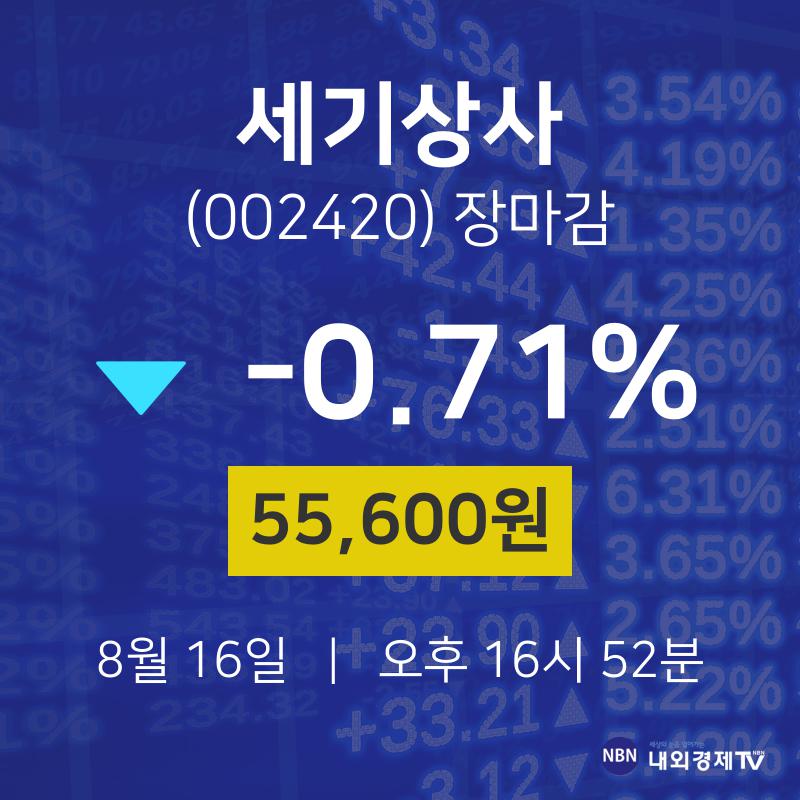 [특징주분석 주가정보]  16일 세기상사 마감증시 55600원...