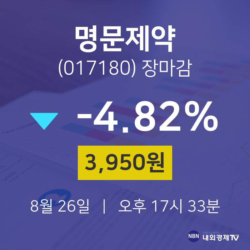 [인기주 주가정보]  26일 명문제약 마감증시 3950원...