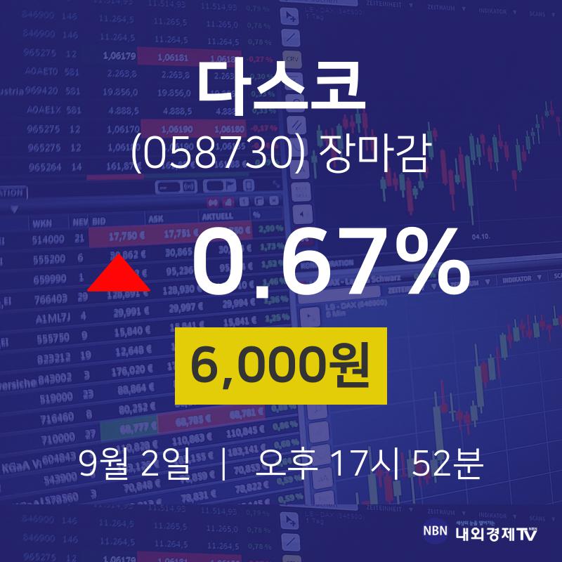 [특징주분석 매매동향] 9월 2일 다스코 6000원으로 장 마감