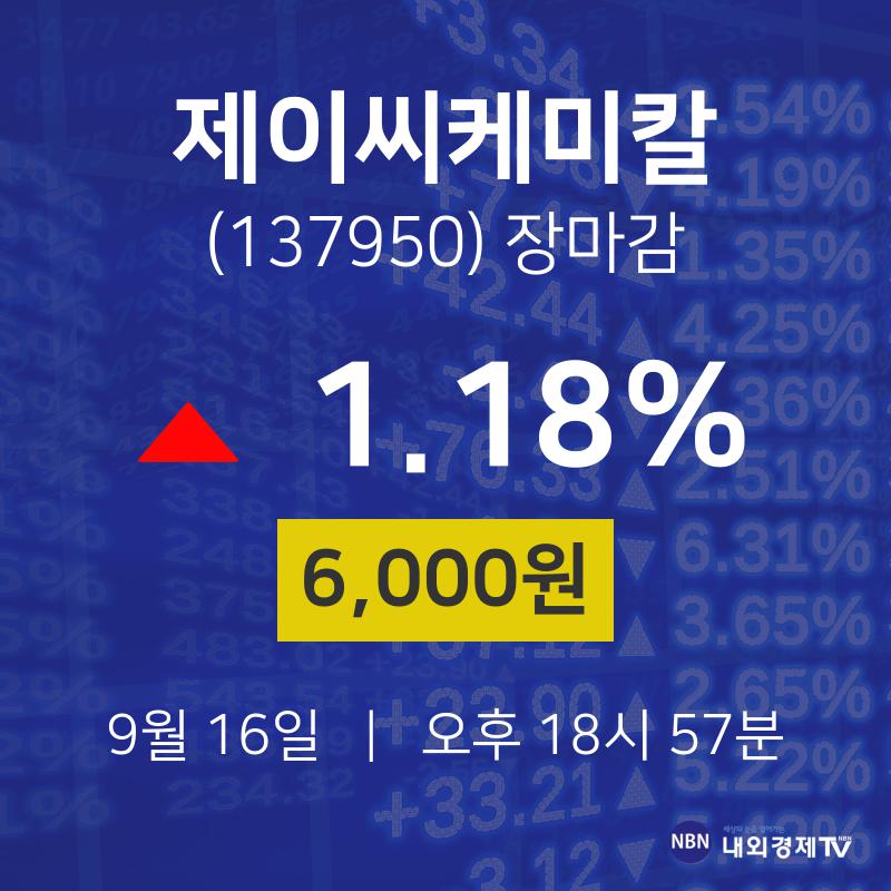 [특징주 주가정보] 9월 16일 제이씨케미칼 6000원으로 장 마감