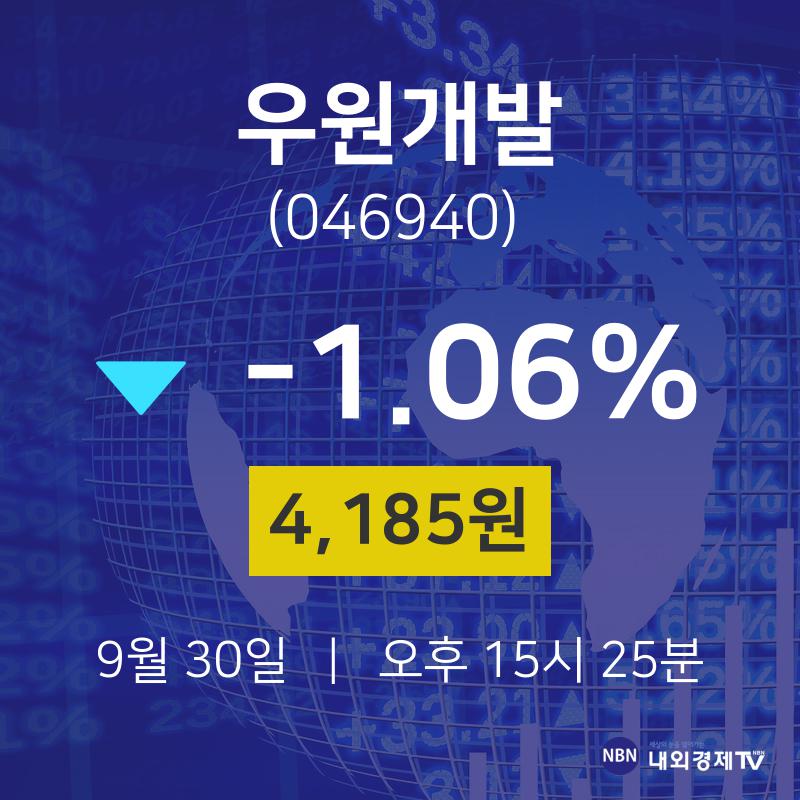주식장 우원개발 주가 30일  현재 4185원