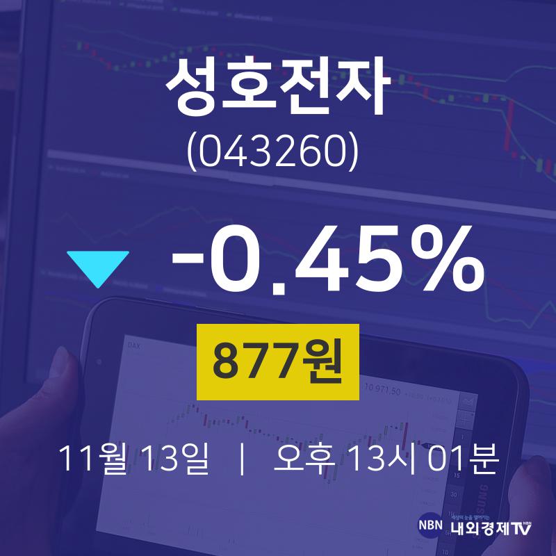 오늘주식장 성호전자 주가 13일  현재 877원