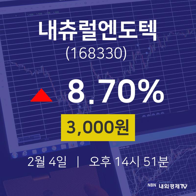 2월 4일 내츄럴엔도텍 시세보기 3,000원  8.70%