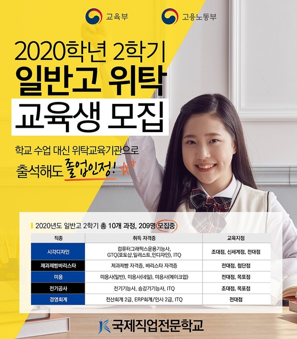 국제직업전문학교 2020년도 2학기 일반고 위탁교육생 모집