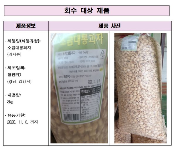 식약처, 이물 혼입 소금대롱과자 판매 중단·회수조치