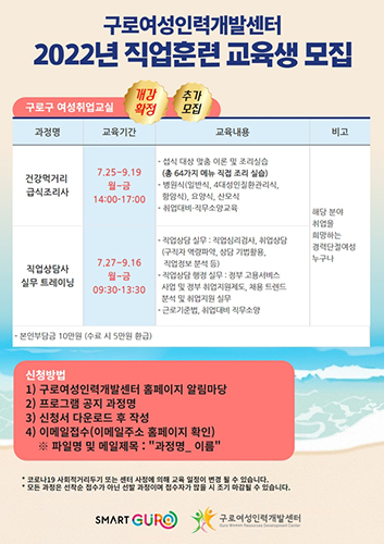 구로여성인력개발센터, 급식조리사·직업상담사 실무 과정 개설