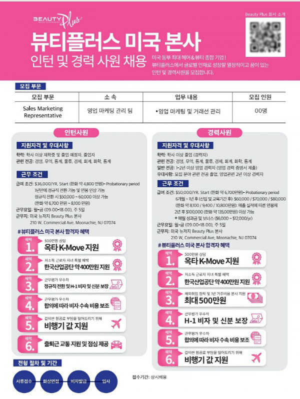 뷰티플러스, 2024년 인턴 및 경력 사원 해외 취업 공개 채용