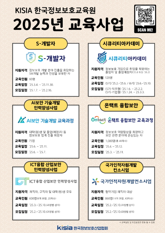 KISIA, 시큐리티아카데미 등 정보보호 인재양성 과정 교육생 모집