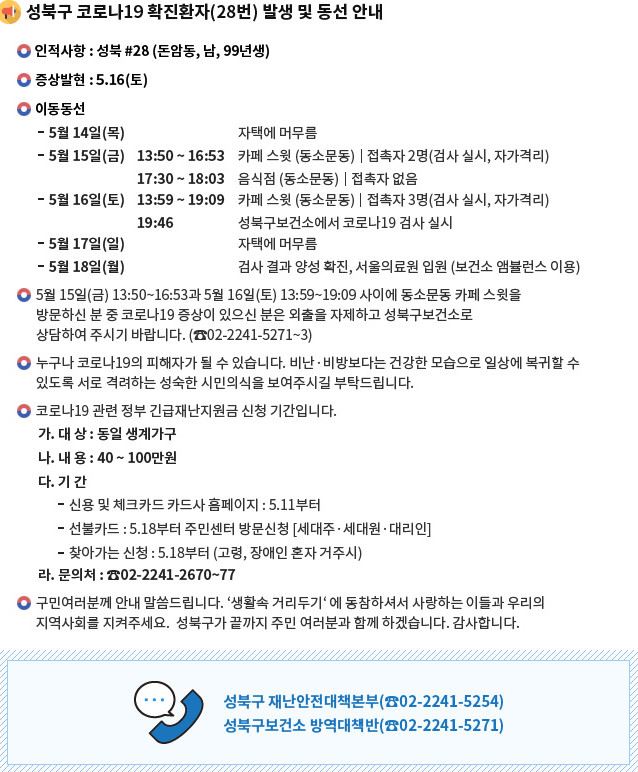 동소문동 카페 스윗, 15~16일 이틀간 방문한 성북구 확진자