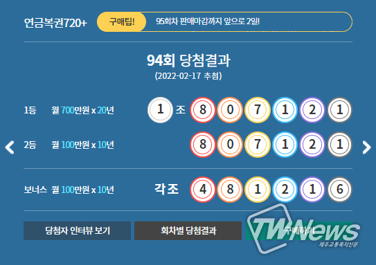 연금복권720당첨확인, 95회차 판매·추첨시간 공개