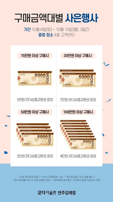 모다아울렛 전주김제, 풍성한 가을 쇼핑 혜택 마련 단 3일간 상품권 증정