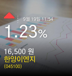 (한양이엔지주가) 19일 오전 11시 54분정보 1.23% 16,500원
