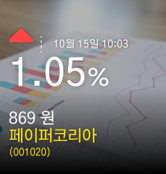 (페이퍼코리아주가) 15일 오전 10시 03분정보 1.05% 869원